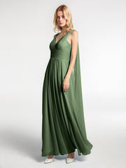 Robe en Mousseline à Col en V avec Bandes à Bretelles Arrière Olive Verte Grande Taille