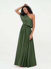 Robes Longues en Mousseline à Une Epaule avec Poches Olive Verte Grande Taille