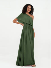 Robes Longues en Mousseline à Une Epaule avec Poches Olive Verte Grande Taille
