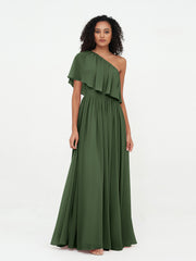Robes Longues en Mousseline à Une Epaule avec Poches Olive Verte Grande Taille