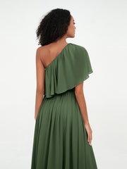 Robes Longues en Mousseline à Une Epaule avec Poches Olive Verte Grande Taille