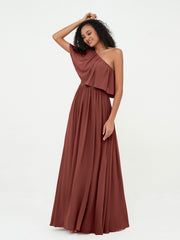 Robes Longues en Mousseline à Une Epaule avec Poches terracotta Grande Taille