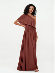 Robes Longues en Mousseline à Une Epaule avec Poches terracotta Grande Taille