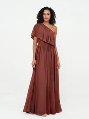 Robes Longues en Mousseline à Une Epaule avec Poches terracotta Grande Taille