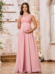 Maxi Robe de Maternité Empire à Col Illusion avec Haut en Dentelle Rose Poudré
