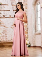 Maxi Robe de Maternité Empire à Col Illusion avec Haut en Dentelle Rose Poudré