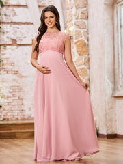 Maxi Robe de Maternité Empire à Col Illusion avec Haut en Dentelle Rose Poudré