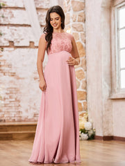 Maxi Robe de Maternité Empire à Col Illusion avec Haut en Dentelle Rose Poudré