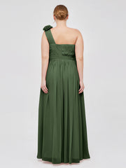 Une Epaule Mousseline Robe avec Fleurs Bretelle Olive Verte Grande Taille