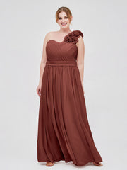 Une Epaule Mousseline Robe avec Fleurs Bretelle terracotta Grande Taille