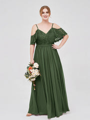 Robe Spaghetti Bretelle Dentelle et Mousseline Olive Verte Grande Taille