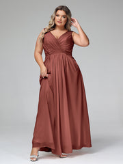 Robes Longues en Mousseline à Col en V avec Poches terracotta Grande Taille