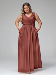 Robes Longues en Mousseline à Col en V avec Poches terracotta Grande Taille