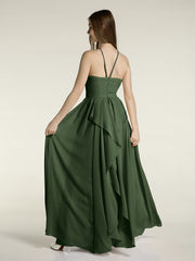 Licou Mousseline Robes Longues De Demoiselle d'Honneur Olive Verte Grande Taille