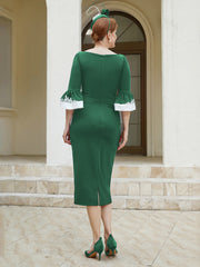 Robe Fourreau Plissée et Appliquée à Encolure en Scoop Vert Foncé
