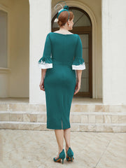 Robe Fourreau Plissée et Appliquée à Encolure en Scoop Paon Grande Taille