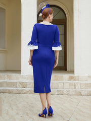 Robe Fourreau Plissée et Appliquée à Encolure en Scoop Bleu Royale Grande Taille