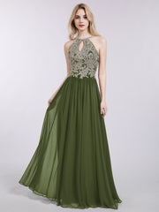 Licou Mousseline avec Or Applique Robe Olive Verte Grande Taille