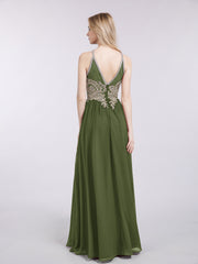 Licou Mousseline avec Or Applique Robe Olive Verte Grande Taille