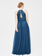 Robe Longue en Tulle à Bretelles Torsadées avec Décolleté en V Bleu Encre