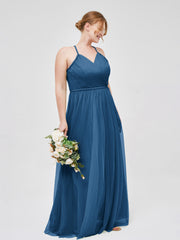 Robe Longue en Tulle à Bretelles Torsadées avec Décolleté en V Bleu Encre