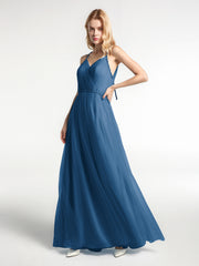 Robe Longue en Tulle à Bretelles Torsadées avec Décolleté en V Bleu Encre