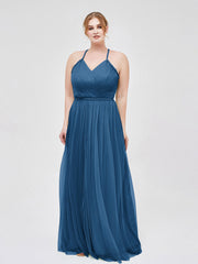 Robe Longue en Tulle à Bretelles Torsadées avec Décolleté en V Bleu Encre