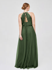 Robe Longue en Tulle à Bretelles Torsadées avec Décolleté en V Olive Verte