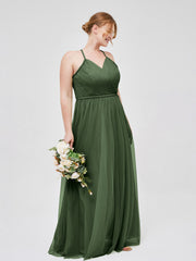 Robe Longue en Tulle à Bretelles Torsadées avec Décolleté en V Olive Verte Grande Taille