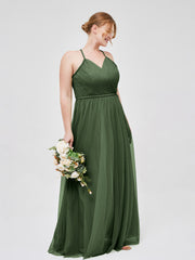 Robe Longue en Tulle à Bretelles Torsadées avec Décolleté en V Olive Verte