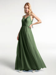 Robe Longue en Tulle à Bretelles Torsadées avec Décolleté en V Olive Verte