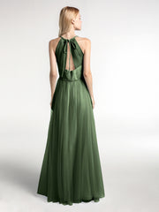 Robe Longue en Tulle à Bretelles Torsadées avec Décolleté en V Olive Verte