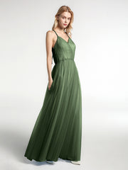 Robe Longue en Tulle à Bretelles Torsadées avec Décolleté en V Olive Verte