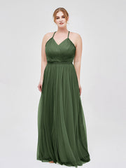 Robe Longue en Tulle à Bretelles Torsadées avec Décolleté en V Olive Verte