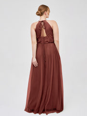 Robe Longue en Tulle à Bretelles Torsadées avec Décolleté en V terracotta