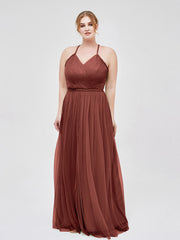 Robe Longue en Tulle à Bretelles Torsadées avec Décolleté en V terracotta Grande Taille