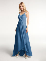 Robe en Mousseline à Bretelles Spaghetti Haut Bas avec Volants Bleu Encre