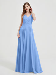 Col En V Dos Croisé Mousseline Robes De Demoiselle d'Honneur Bleu