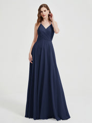 Col En V Dos Croisé Mousseline Robes De Demoiselle d'Honneur Bleu Marine