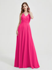 Col En V Dos Croisé Mousseline Robes De Demoiselle d'Honneur Fuchsia