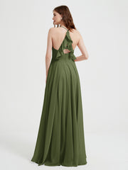 Col En V Dos Croisé Mousseline Robes De Demoiselle d'Honneur Olive Verte Grande Taille