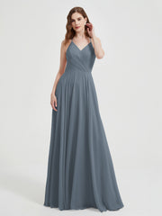 Col En V Dos Croisé Mousseline Robes De Demoiselle d'Honneur Bleu de Schiste