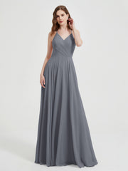 Col En V Dos Croisé Mousseline Robes De Demoiselle d'Honneur Gris Acier