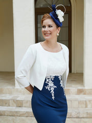 Robe Fourreau Appliquée Longueur aux Genoux avec Veste Bleu Marine Clair