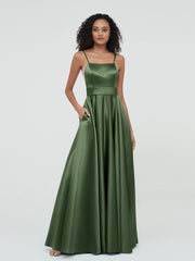 A-ligne Bretelles Spaghetti Robes Maxi en Satin Olive Verte
