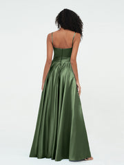 A-ligne Bretelles Spaghetti Robes Maxi en Satin Olive Verte Grande Taille