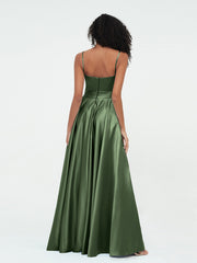 A-ligne Bretelles Spaghetti Robes Maxi en Satin Olive Verte