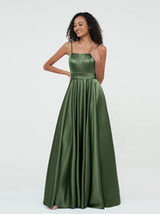 A-ligne Bretelles Spaghetti Robes Maxi en Satin Olive Verte Grande Taille