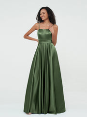 A-ligne Bretelles Spaghetti Robes Maxi en Satin Olive Verte