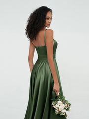 A-ligne Bretelles Spaghetti Robes Maxi en Satin Olive Verte